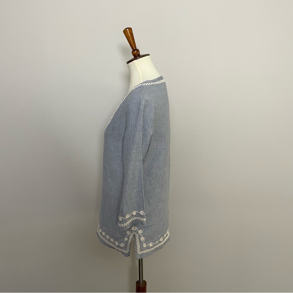 Vineyard Vines Tunic Top Embroidered Linen 3/4 Sleeve Rope Detail Blue Cream - Picture 6 of 11